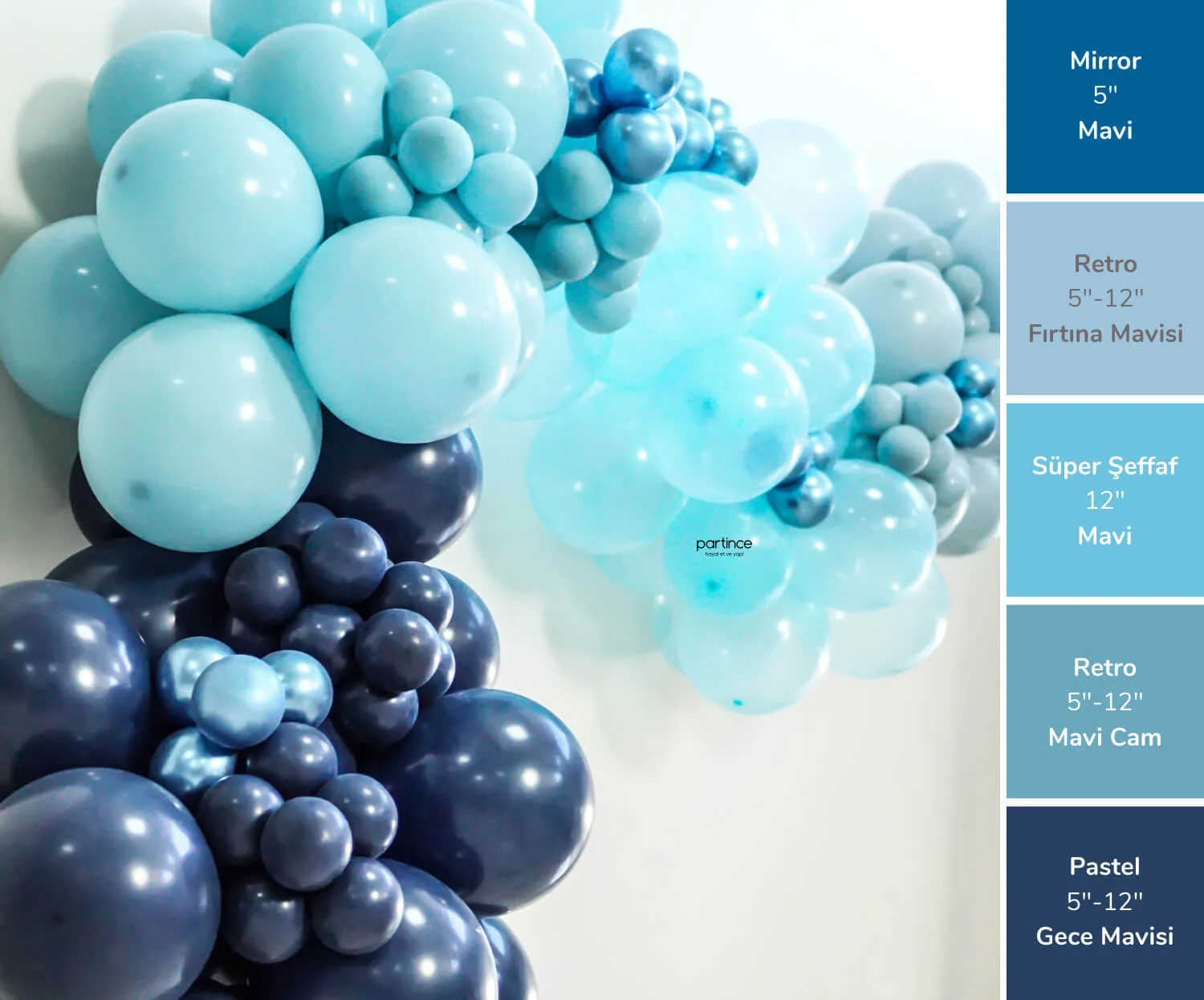 Gece Mavisi Süper Şeffaf ve Retro Balon Zinciri Mavi Konsept Kiti