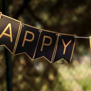 Happy Birthday Banner Siyah Üzeri Gold Yazılı