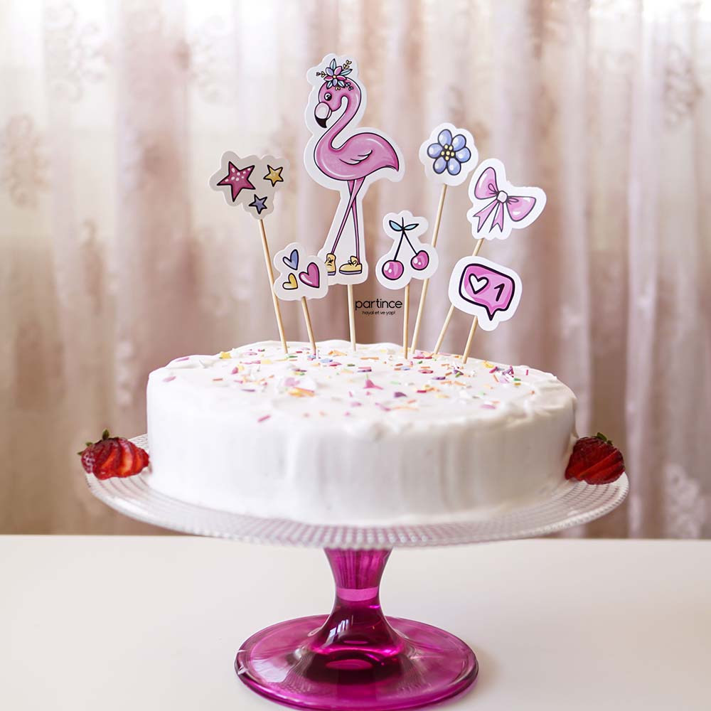 Flamingo cake topper 7 parça pasta süsleyici