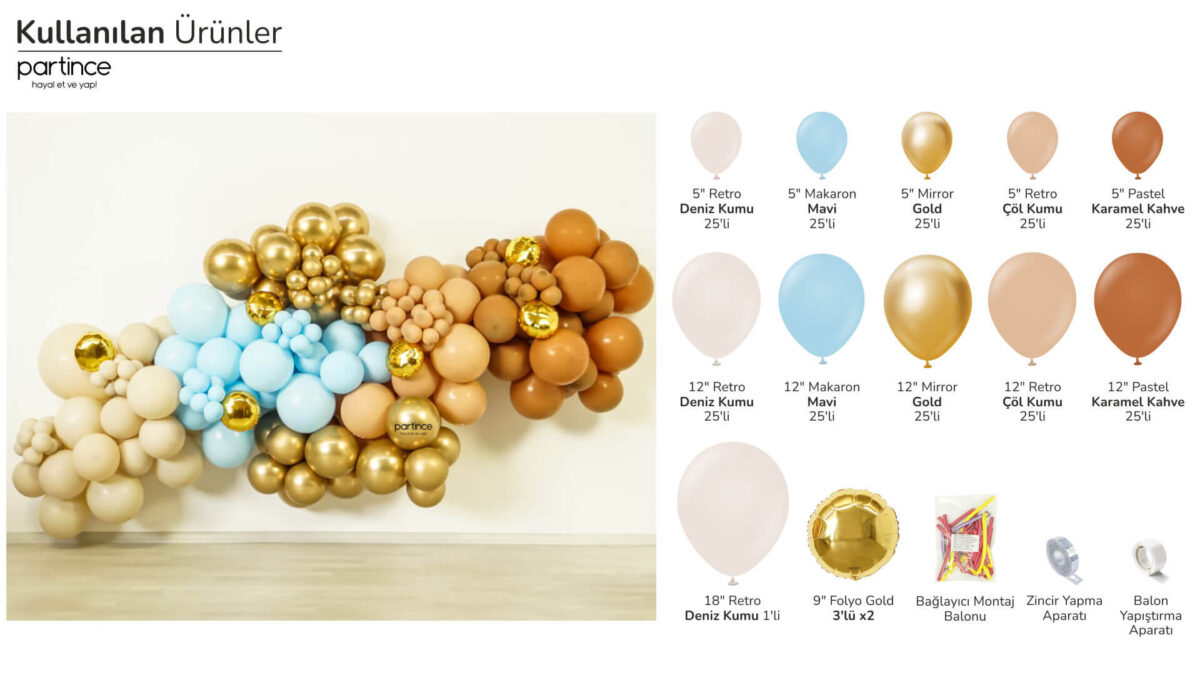 Retro makaron mirror ve folyo gold balon zinciri konsept kit