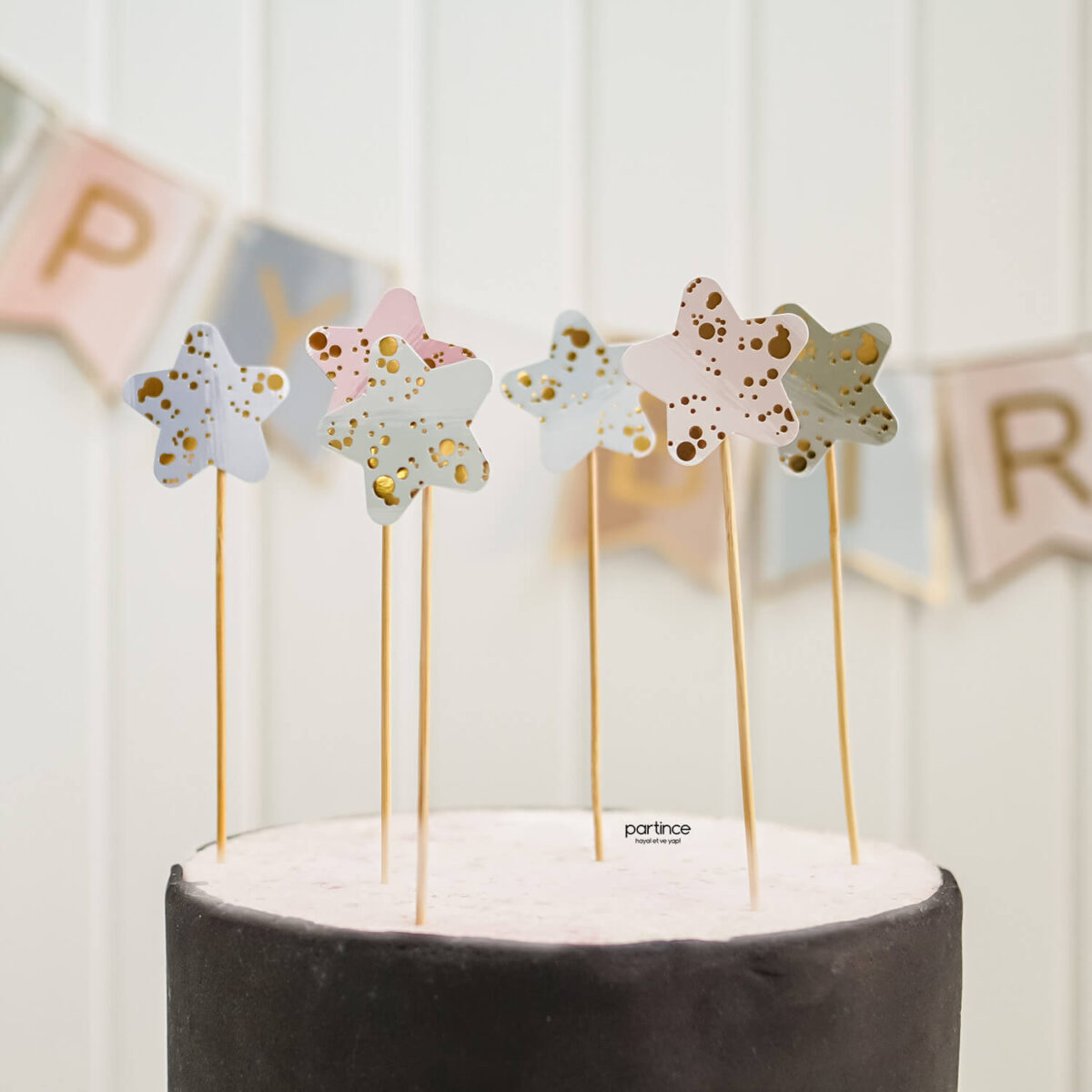 Pastel happy birthday banner cake topper ve mum seti
