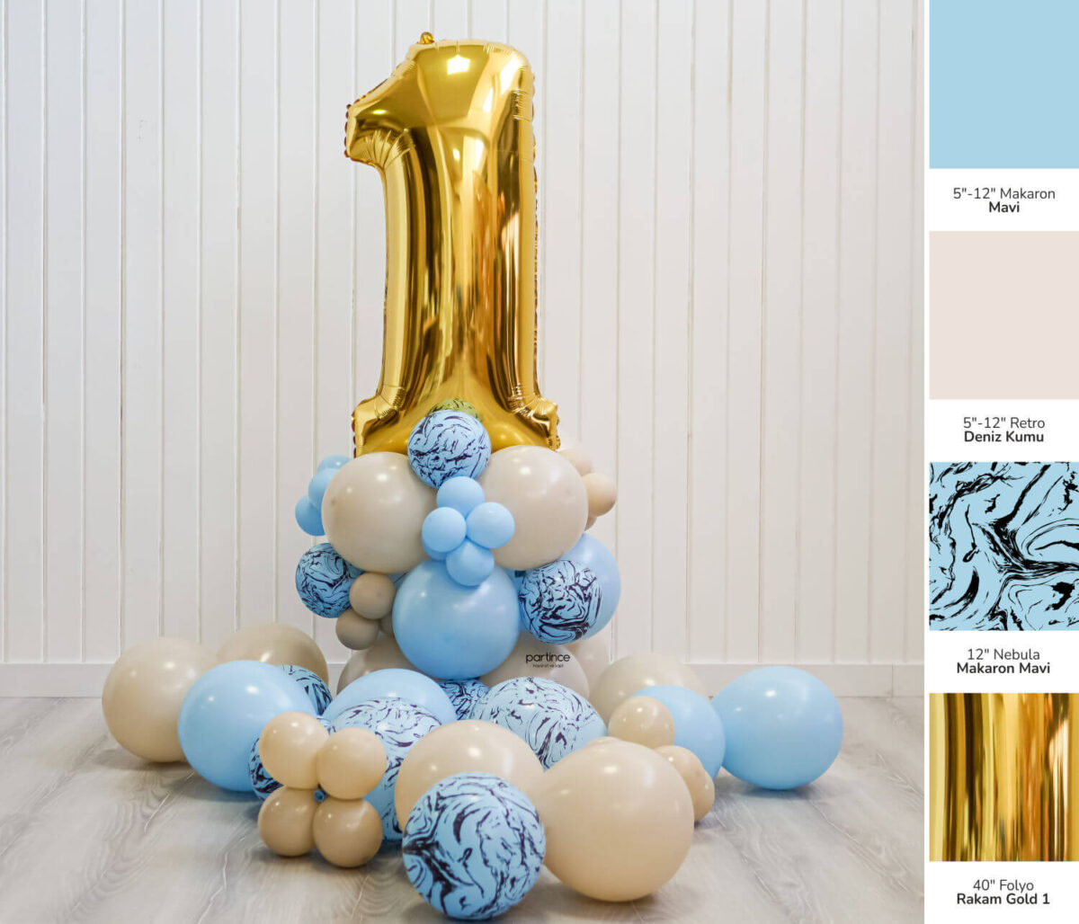 Nebula konsept mavi tema gold balon sütunu (rakam seçenekli)