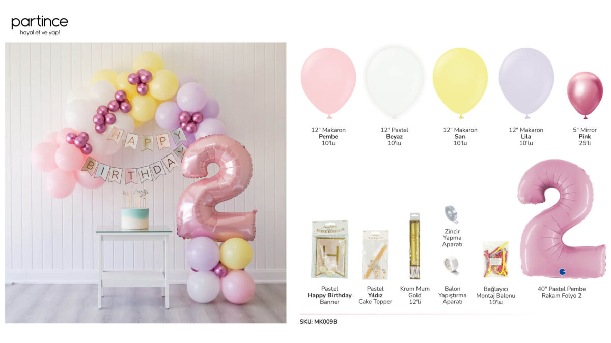 2 yaş pastel pembe doğum günü balon zincir kiti
