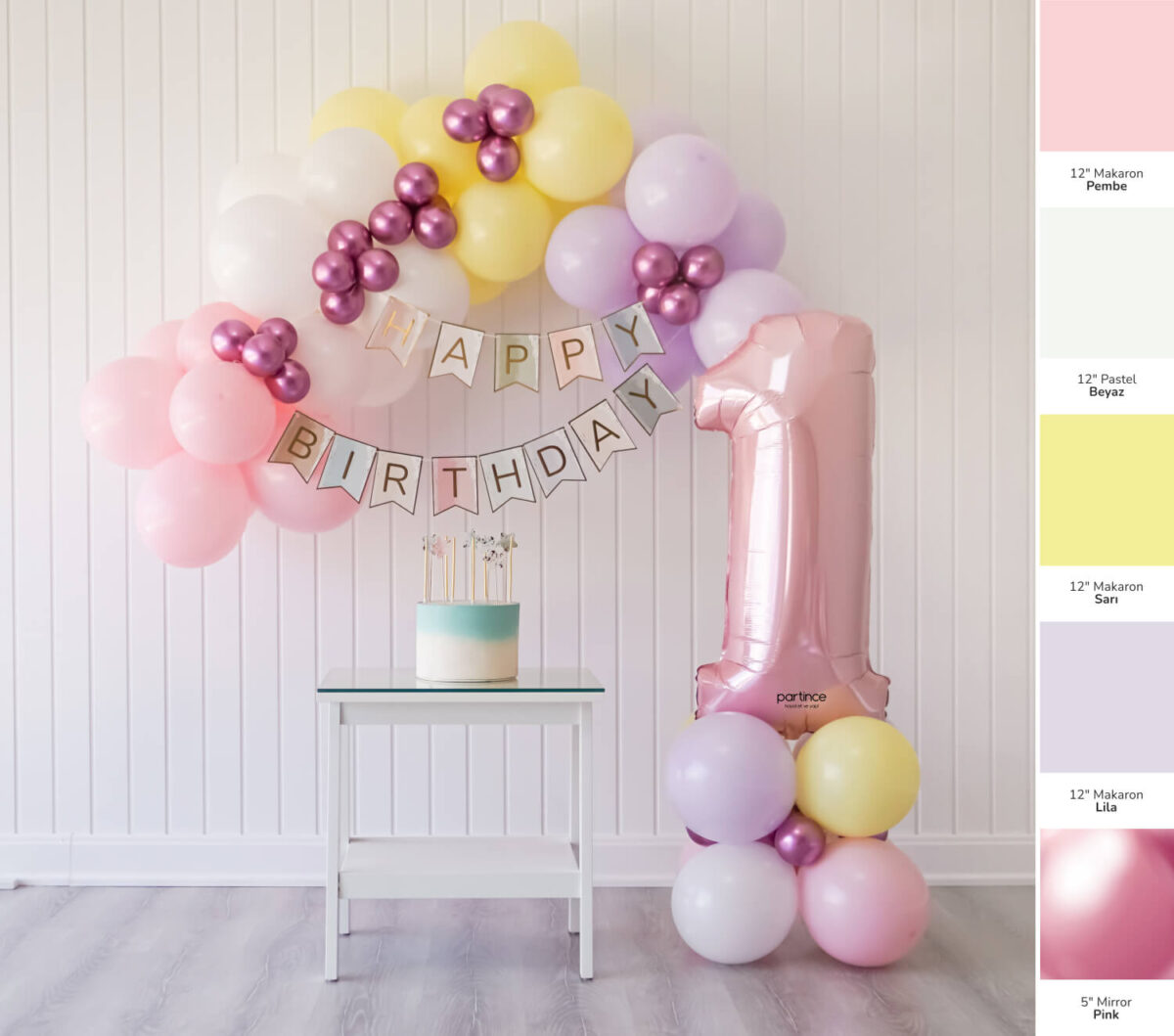 1 yaş pastel pembe doğum günü balon zincir kiti
