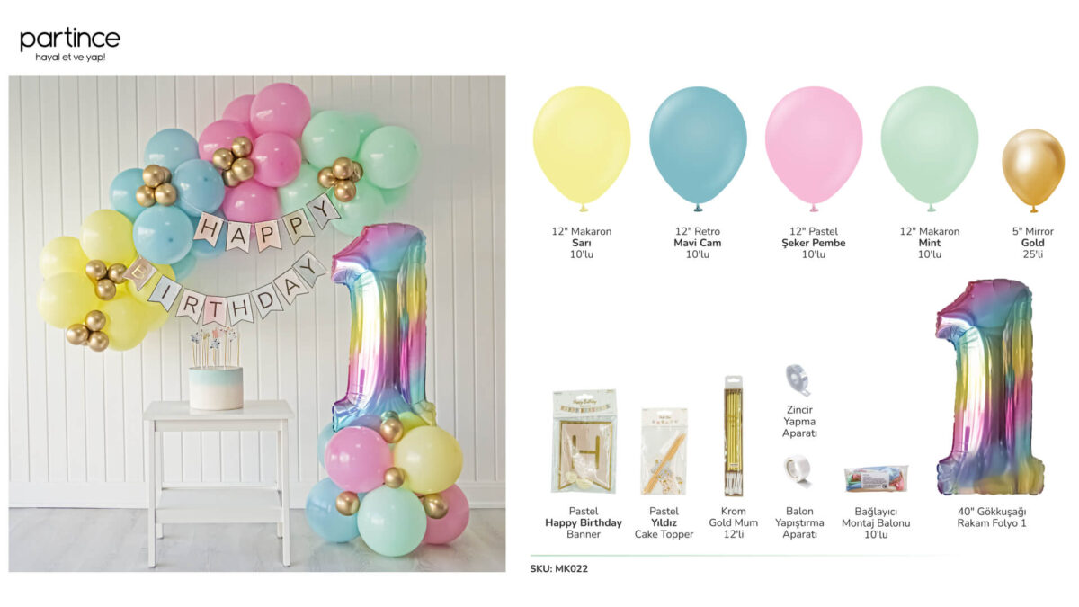1 yaş doğum günü seti renk kuşağı mini balon zinciri