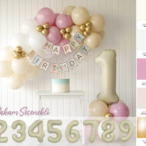 Krem Toz Pembe Doğum Günü Balon Parti Seti (Rakam Seçenekli)