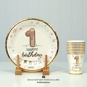 1 Yaş Happy Birthday Tabak Bardak Set Yaldızlı 8'li