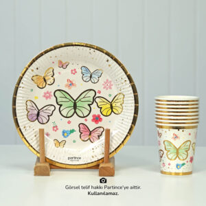 Makaron Kelebek Tabak Bardak Set Yaldızlı 8'li