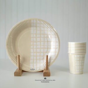 Kareli Krem Tabak Bardak Set 8'li