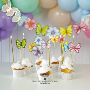 3'lü Set Pastel Kelebek Çiçek Konsept Doğum Günü Parti Seti
