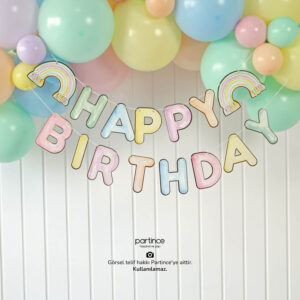 Gökkuşağı Makaron Renkli Happy Birthday Yazılı Banner Asma Süs
