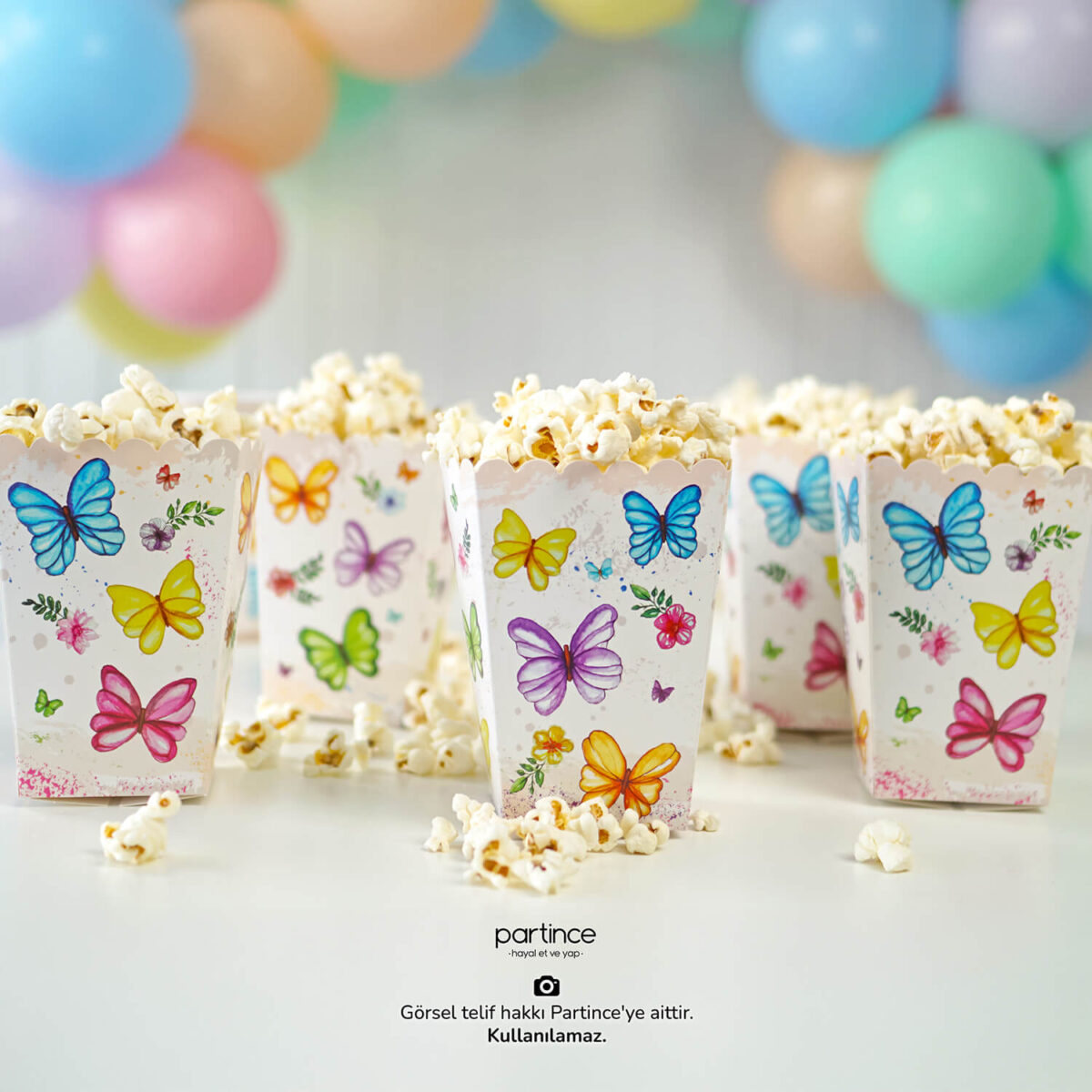 Popcorn (Mısır Kutusu) Pastel Kelebek Çiçek Tema - Görsel 7