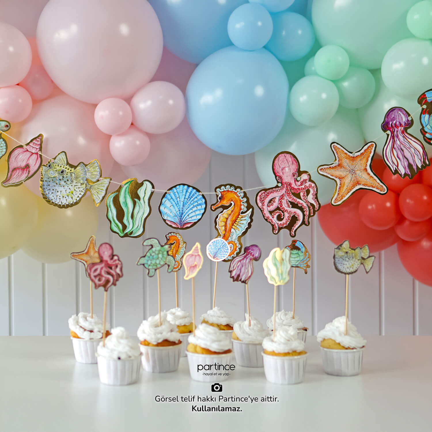 doğum günü süsleri deniz canlıları banner asma süs cake topper pasta süsü partince doğum günü süsleri 3'lü Set Deniz Canlıları Banner Pasta Süsü ve Mum Seti - Görsel 7