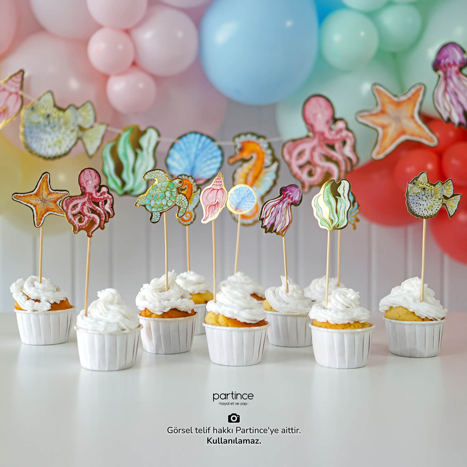doğum günü süsleri deniz canlıları banner asma süs cake topper pasta süsü partince kendin yap 3'lü Set Deniz Canlıları Banner Pasta Süsü ve Mum Seti - Görsel 8