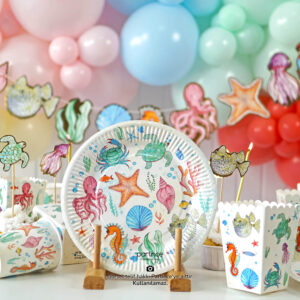 doğum günü süsleri deniz canlıları tabak bardak popcorn mısır kutusu banner asma süs cake topper pasta süsü gold mum partince sofra ürünleri