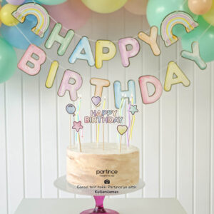3'lü Set Gökkuşağı Happy Birthday Yazısı Pasta Süsü ve Mum Seti