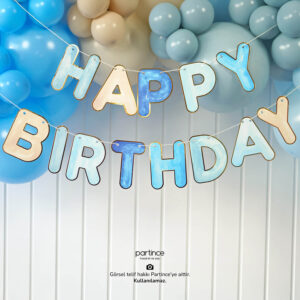 Mavi Tema Happy Birthday Yazılı Banner Asma Süs