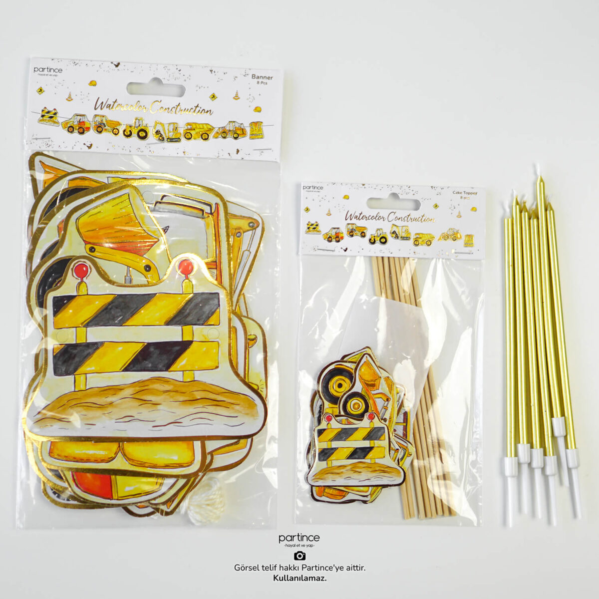3'lü Set İnşaat Tema Banner Pasta süsü ve Mum Seti