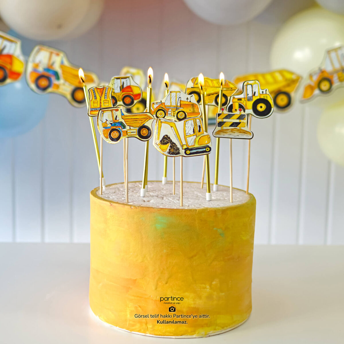 3'lü Set İnşaat Tema Banner Pasta süsü ve Mum Seti - Görsel 3