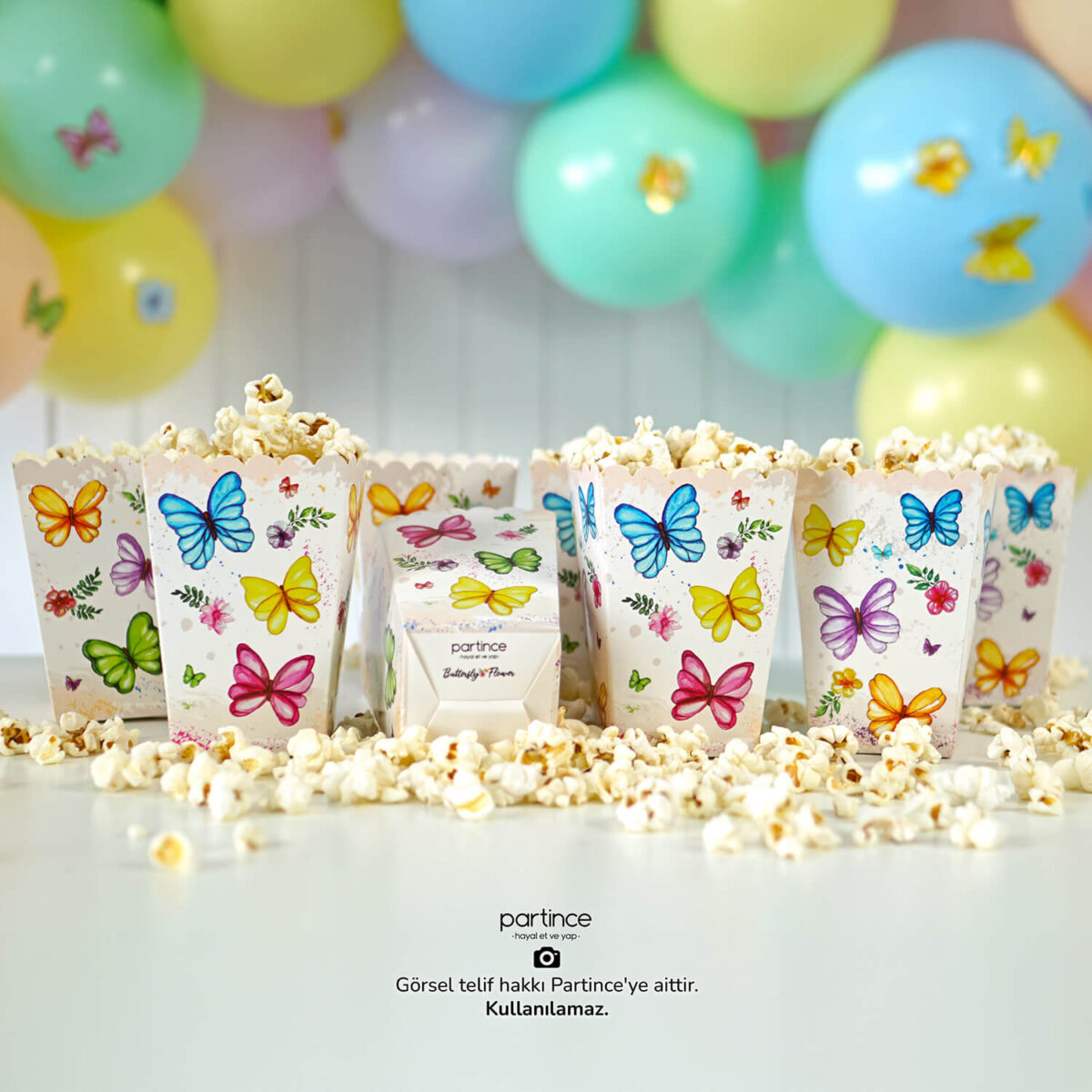 Popcorn (Mısır Kutusu) Pastel Kelebek Çiçek Tema - Görsel 3