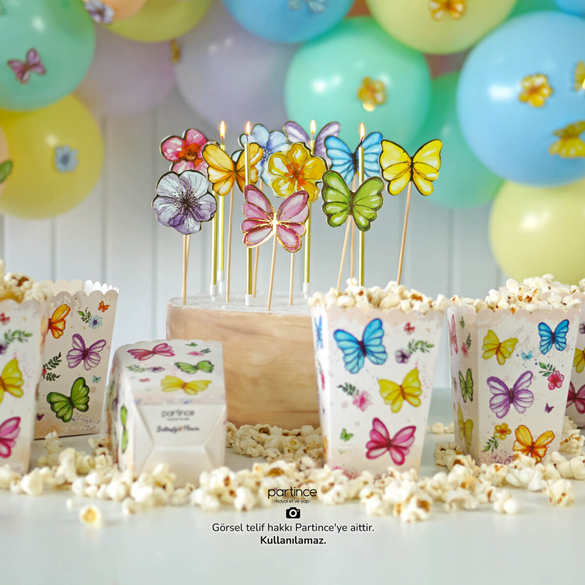 Popcorn (Mısır Kutusu) Pastel Kelebek Çiçek Tema - Görsel 2
