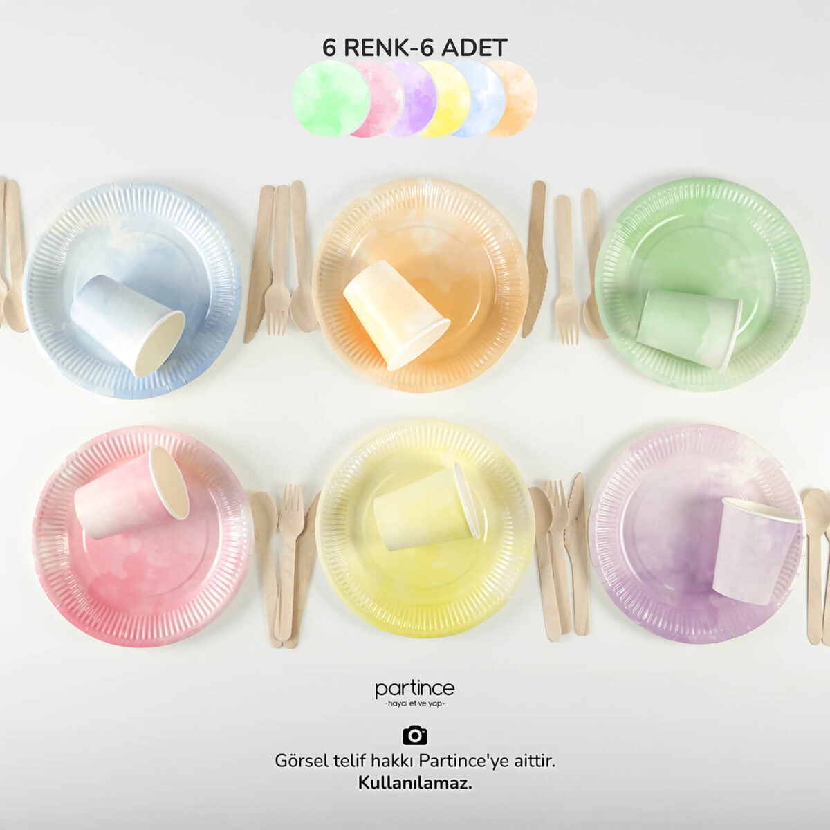 Tabak Bardak Set Makaron Pastel Karışık 6'lı - Görsel 1