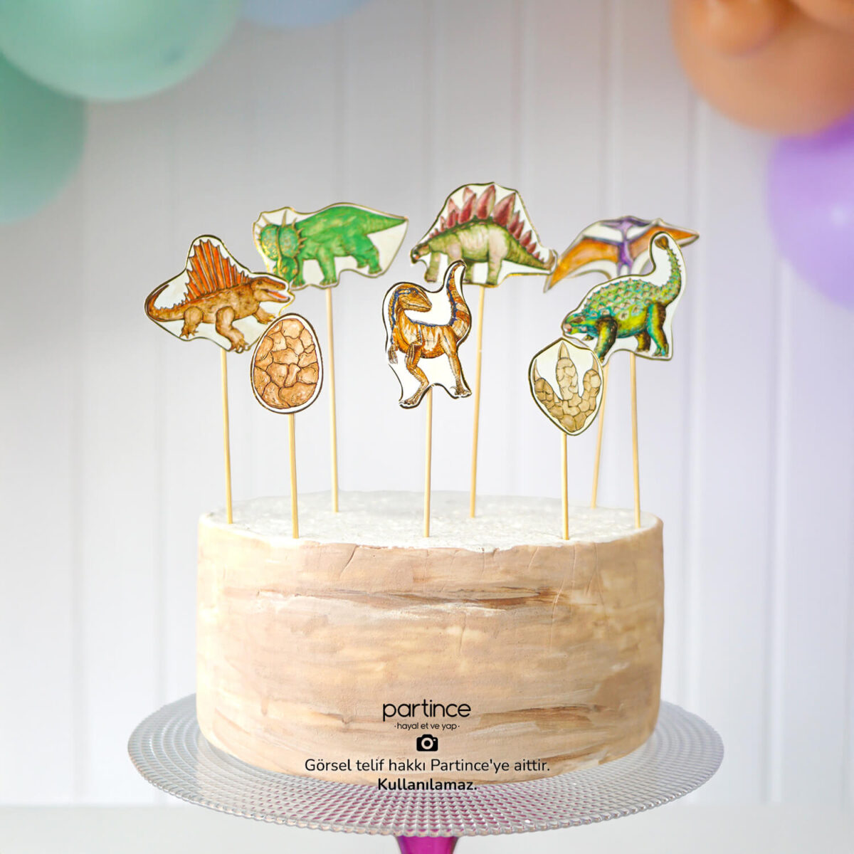 Dinozor Tema Boyama Cake Topper Pasta Süsü 8 Parça - Görsel 1