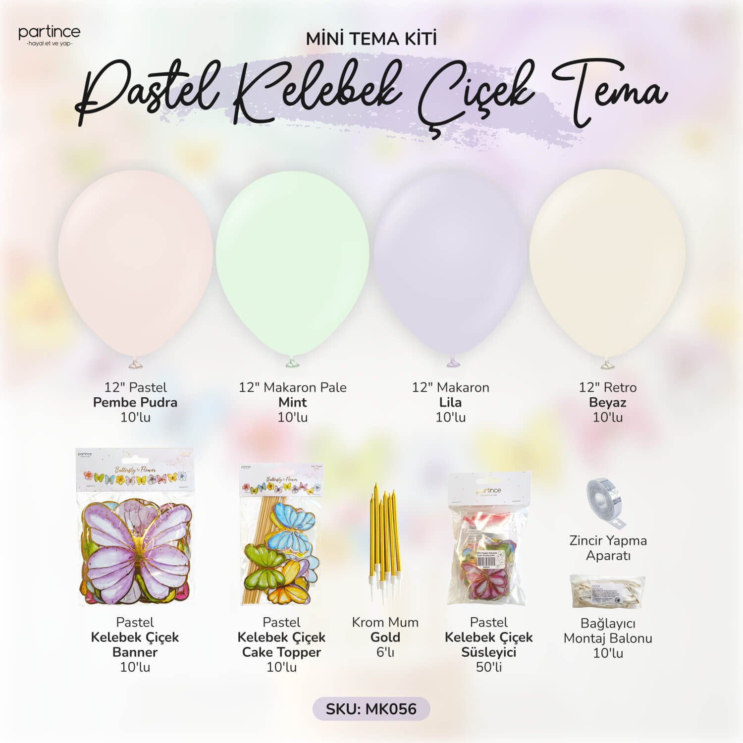 doğum günü konsepti pastel kelebek çiçek balon seti pasta mumu cake topper asma süs banner partince detay