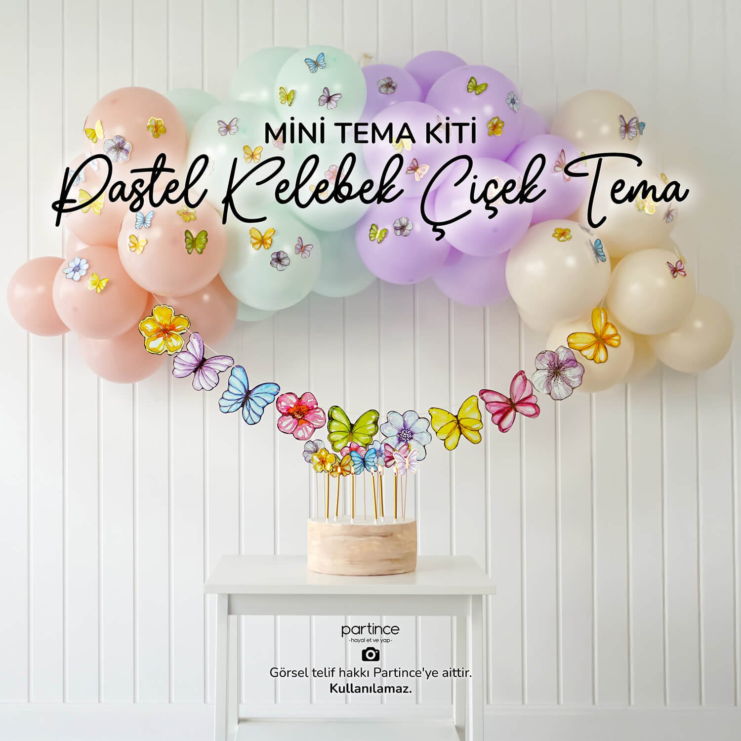 doğum günü konsepti pastel kelebek çiçek balon seti pasta mumu cake topper asma süs banner partince kapak