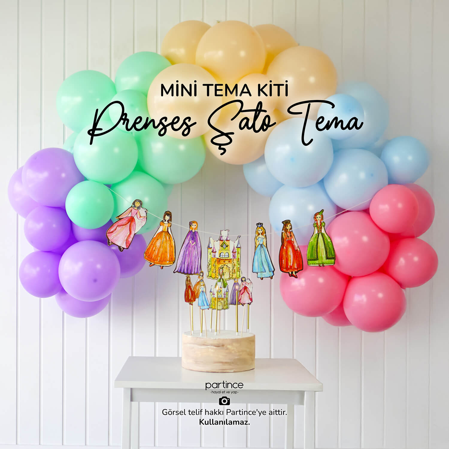 doğum günü partisi prenses tema balon kiti tabak bardak pasta süsü asma süs cake topper banner partince mini tema kiti mini balon seti