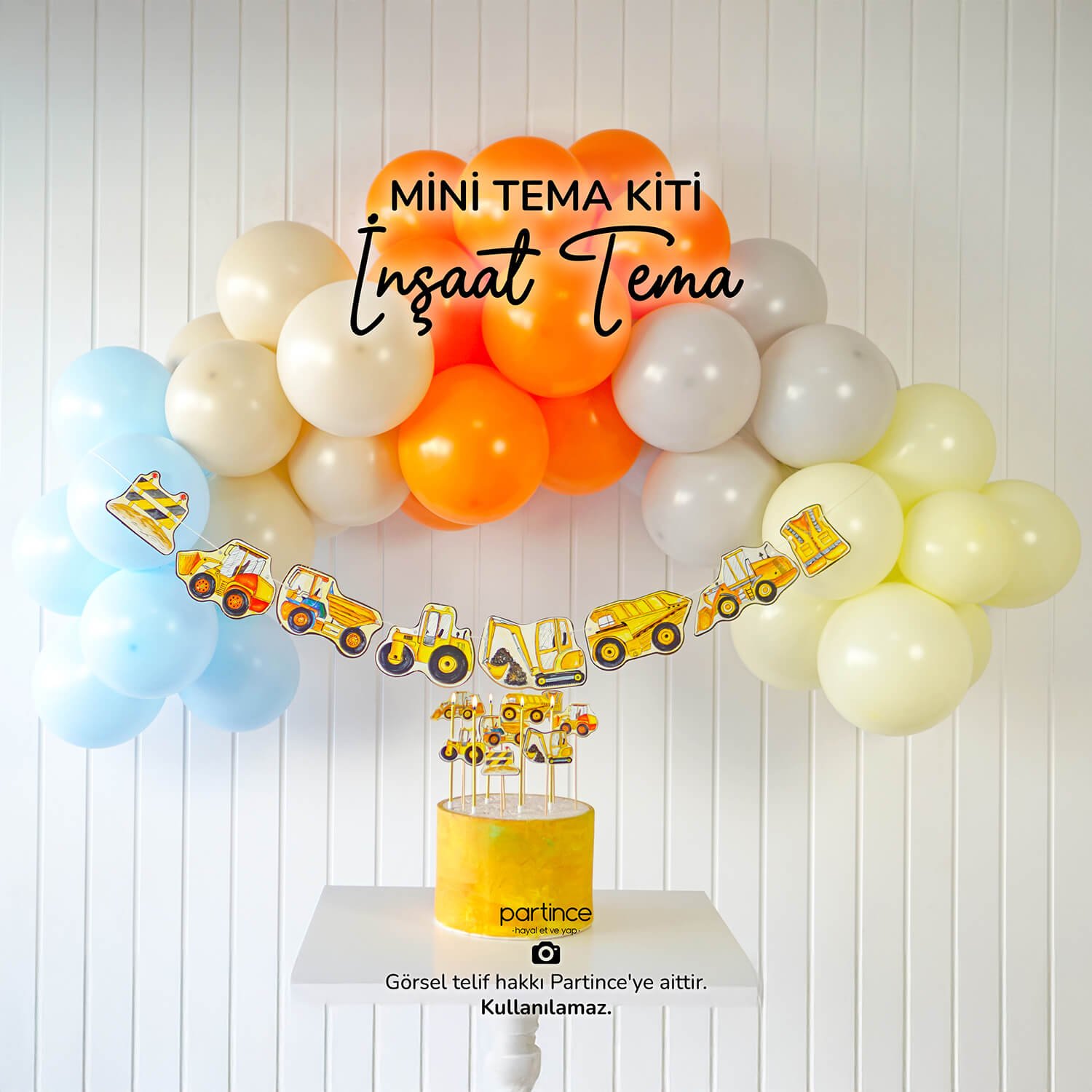 doğum günü süsleri inşaat tema kullan at sofra ürünleri banner asma süs cake topper pasta süsü partince happy birthday mini balon seti mini tema kiti