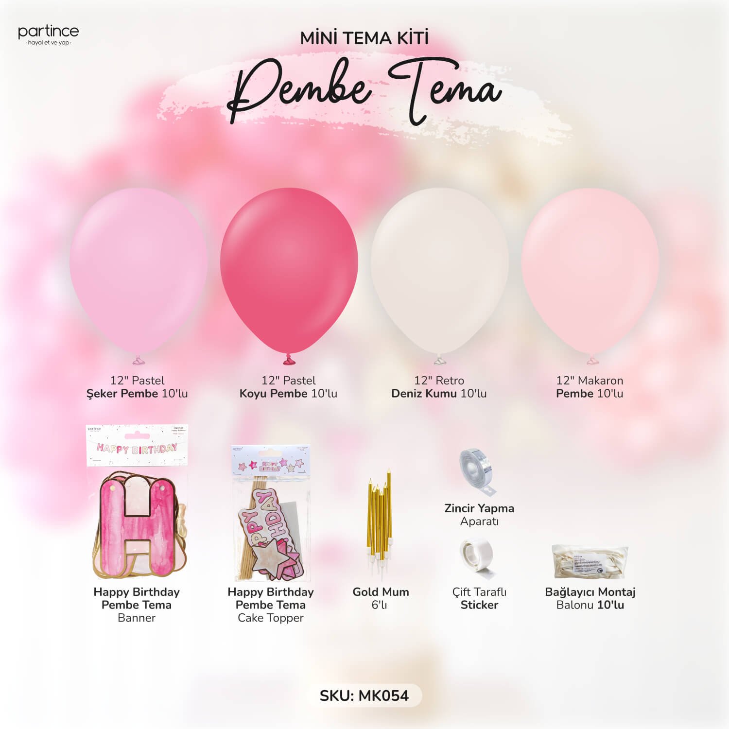 doğum günü süsü pembe tema kız pasta süsü cake topper gold mum happy birthday banner asma süs partince balon detay süsl