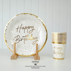 Happy Birthday Temalı Tabak Bardak Set Yaldızlı 8'li