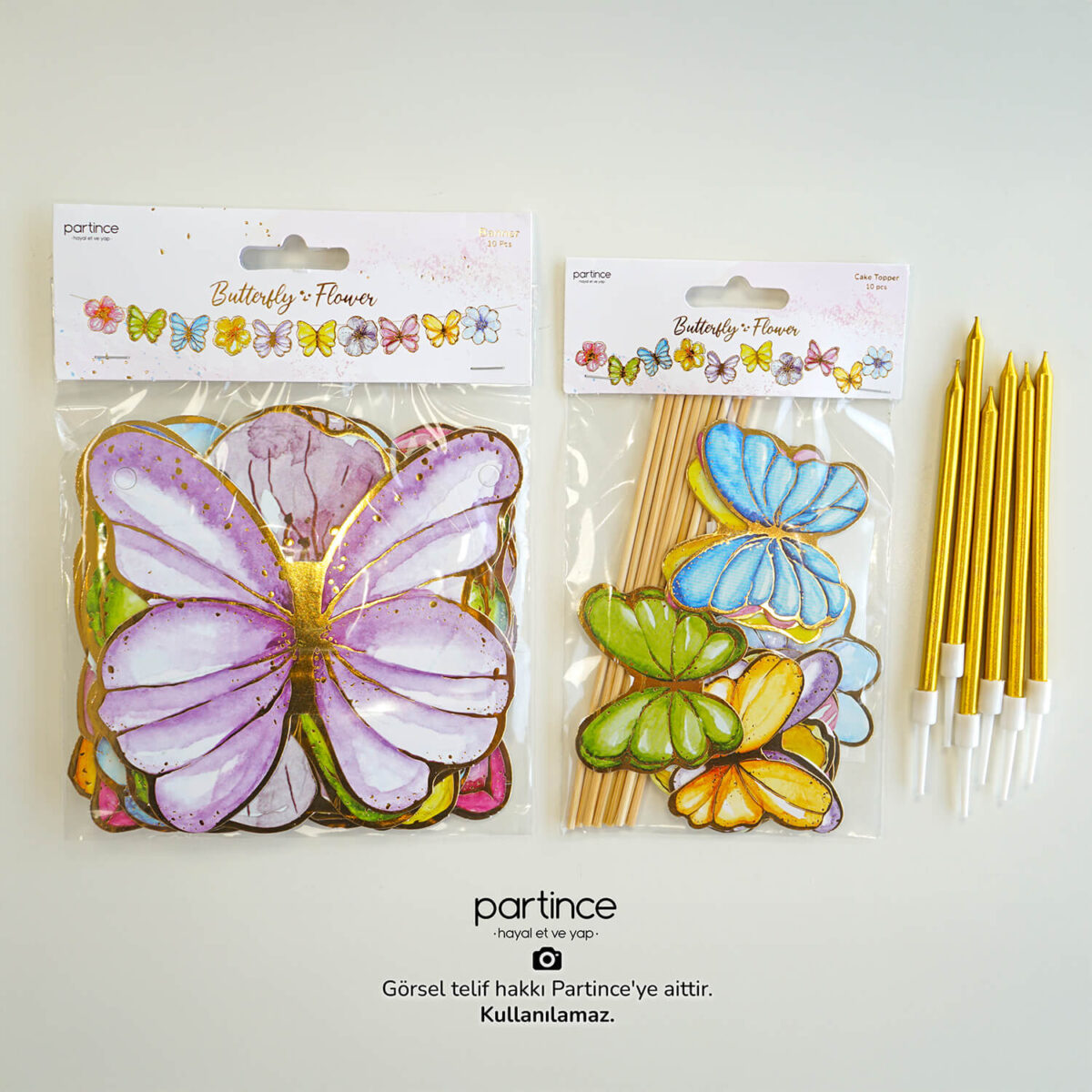 3'lü Set Pastel Kelebek Çiçek Konsept Doğum Günü Parti Seti - Görsel 3