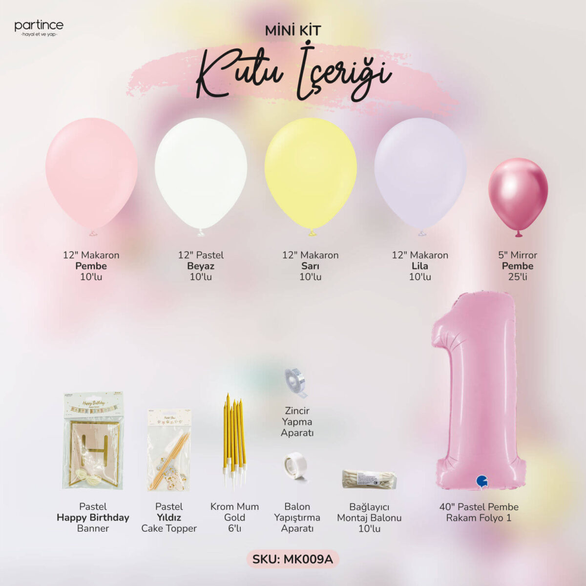 1 Yaş Pastel Pembe Doğum Günü Balon Zincir Kiti - Görsel 3