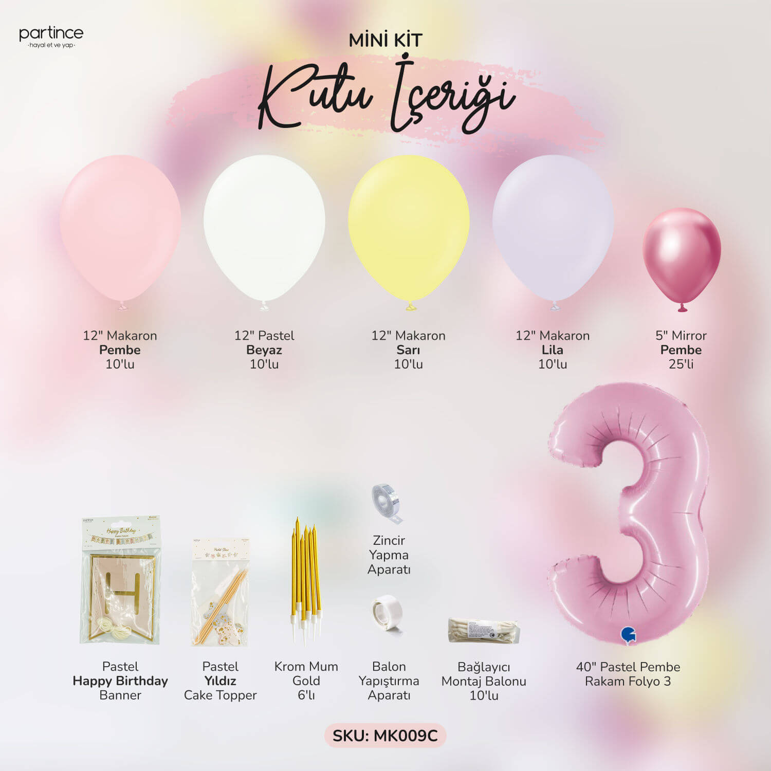 MK009C - Doğum günü süsleri balon seti makaron pastel pembe 3 yaş kutlama parti balonu partince