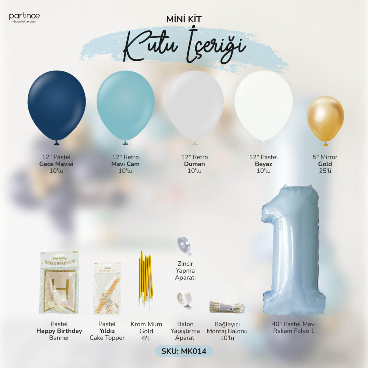 1 Yaş Pastel Mavi Doğum Günü Balon Zincir Kiti - Görsel 2