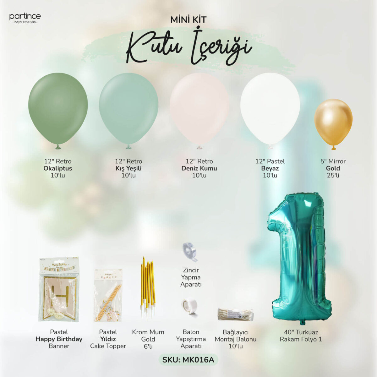 1 Yaş Doğum Günü Seti Turkuaz Mini Balon Zincir Seti - Görsel 3