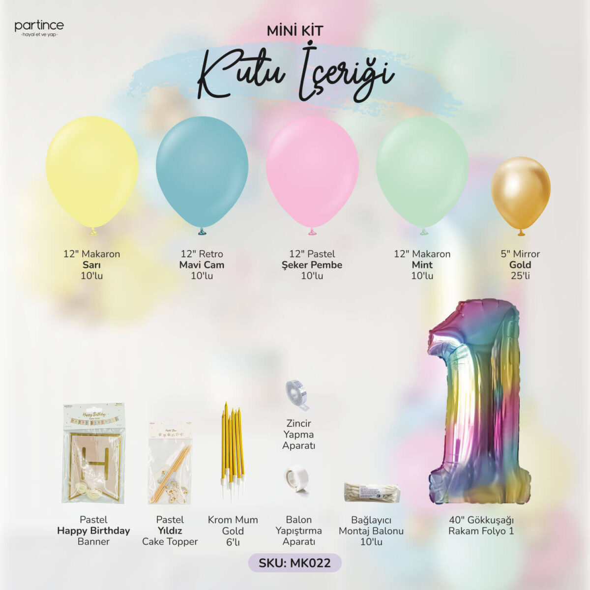 1 Yaş Doğum Günü Seti Renk Kuşağı Mini Balon Zinciri - Görsel 2