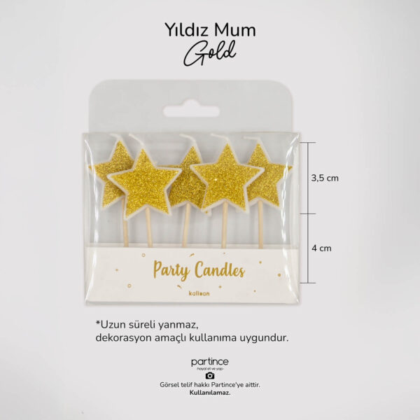 Simli Yıldız Şekilli Parti Mumları 3 Renk 5'li - Gold