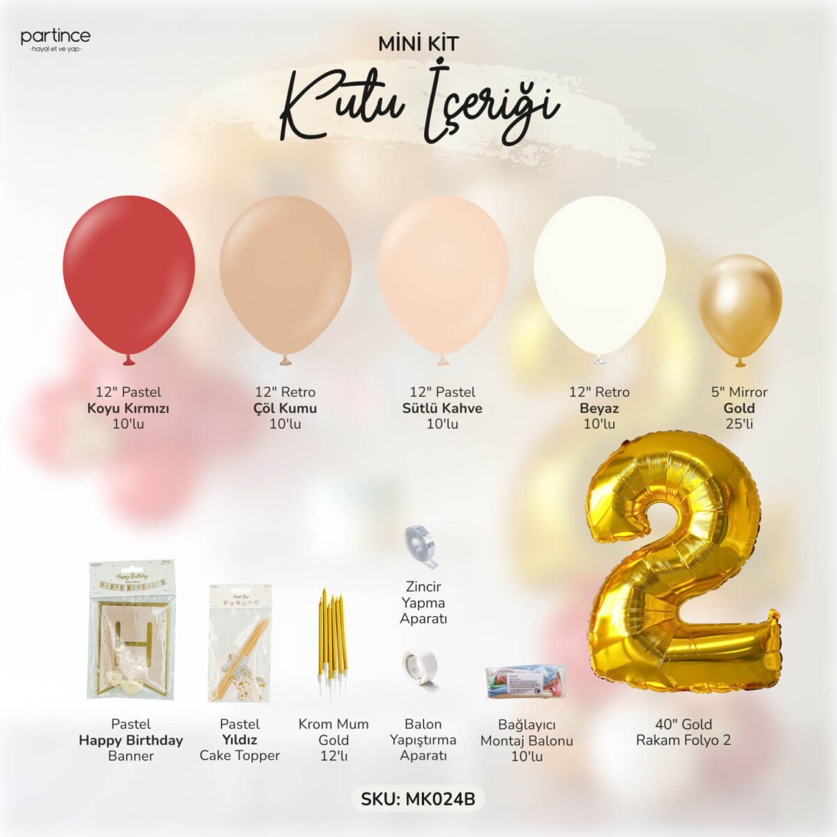 2 Yaş Gold Doğum Günü Balon Zincir Kiti - Görsel 2