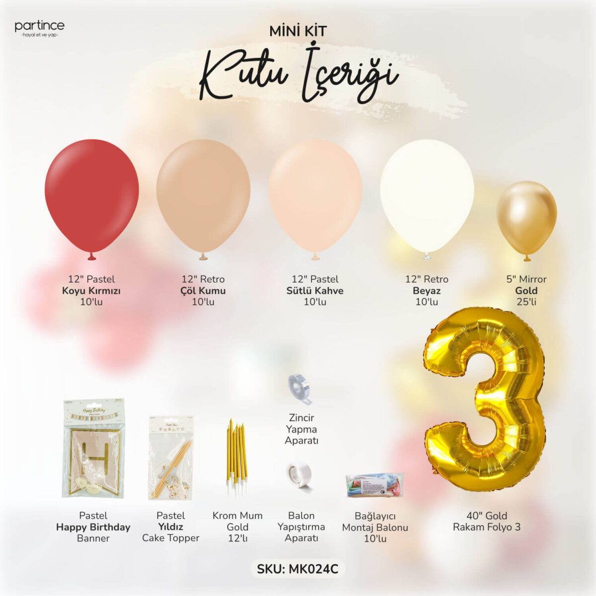 3 Yaş Gold Doğum Günü Balon Zincir Kiti - Görsel 2