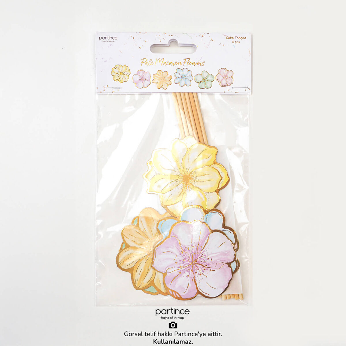 Pale Makaron Çiçek Pasta Süsü 6 Parça Cake Topper Doğum Günü Süsü - Görsel 4