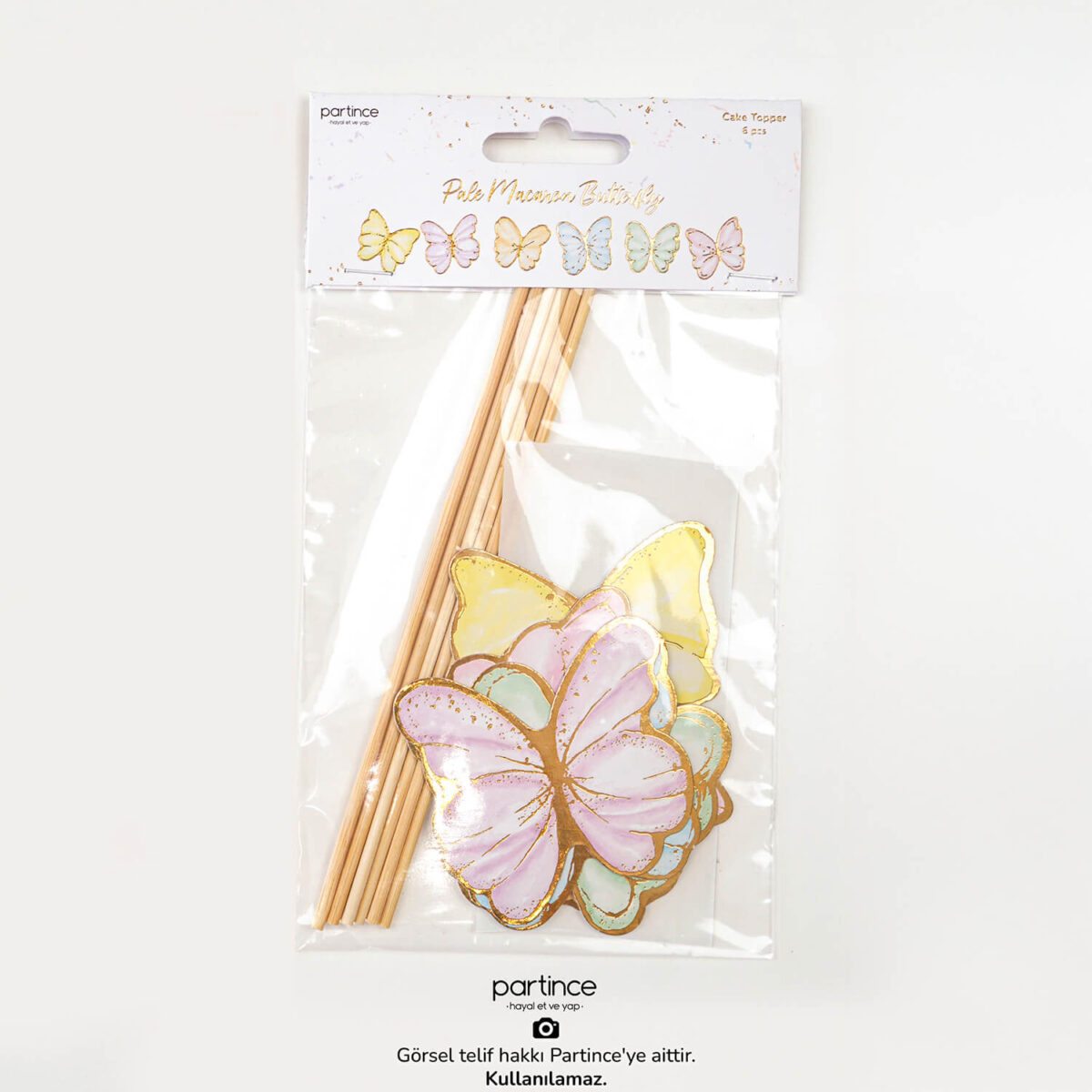 Pale Makaron Kelebek Pasta Süsü 6 Parça Cake Topper Doğum Günü Süsü - Görsel 3