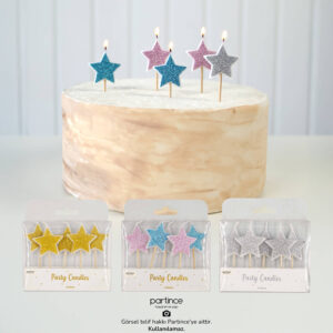 Simli Yıldız Şekilli Parti Mumları 3 Renk 5'li