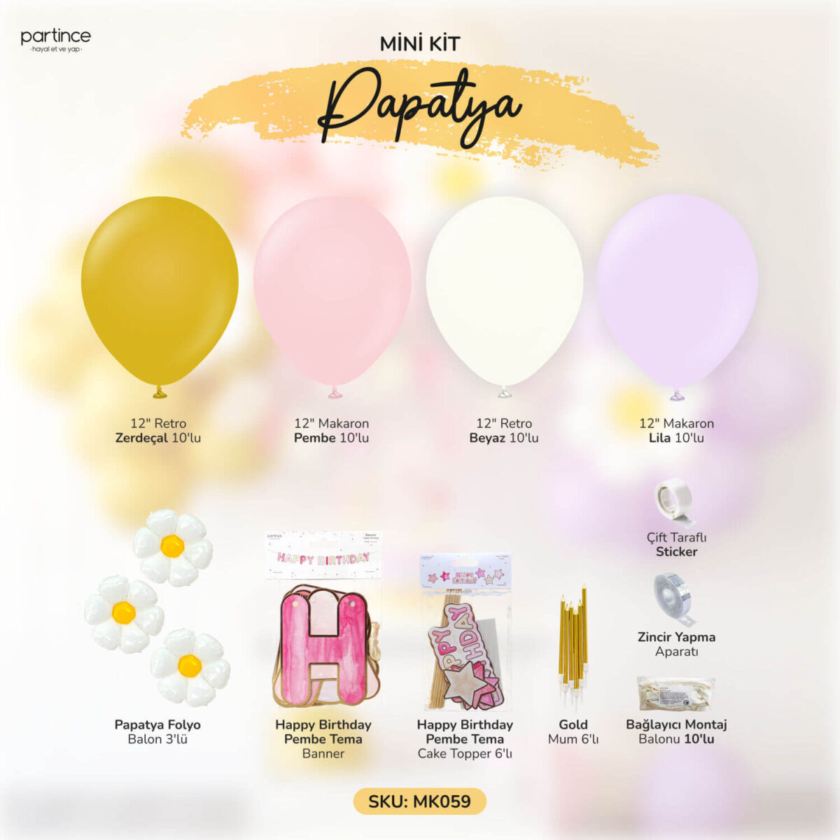 Papatya Tema Pembe Mini Doğum Günü Balon Zincir Seti - Görsel 2