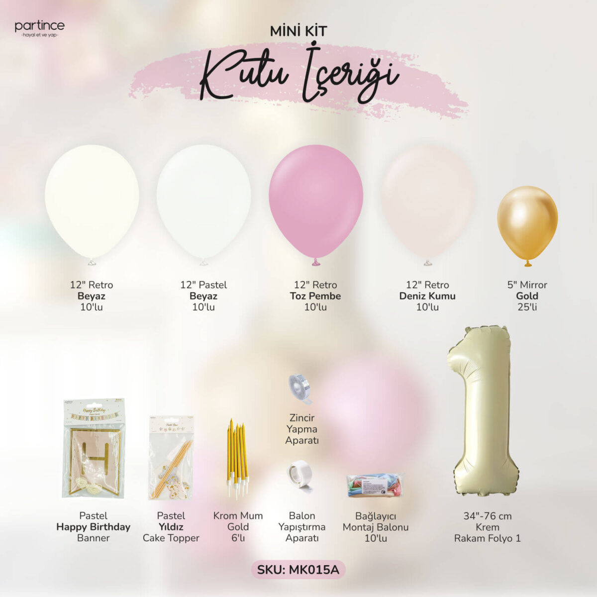 1 Yaş Krem Toz Pembe Doğum Günü Balon Zincir Kiti - Görsel 2