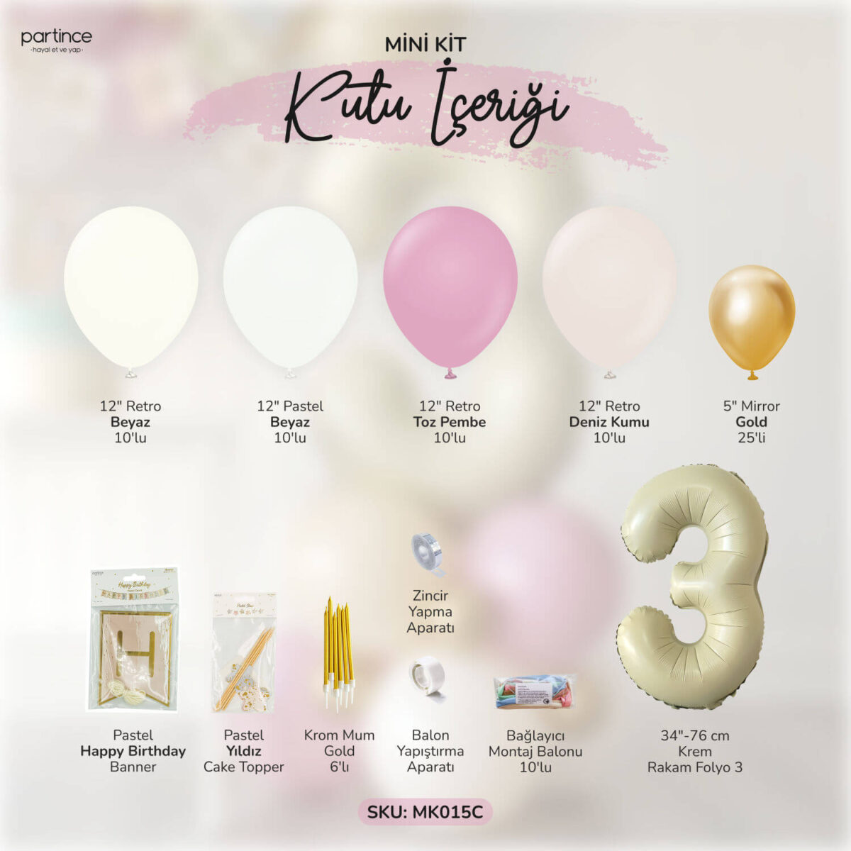 3 Yaş Krem Toz Pembe Doğum Günü Balon Zincir Kiti - Görsel 2
