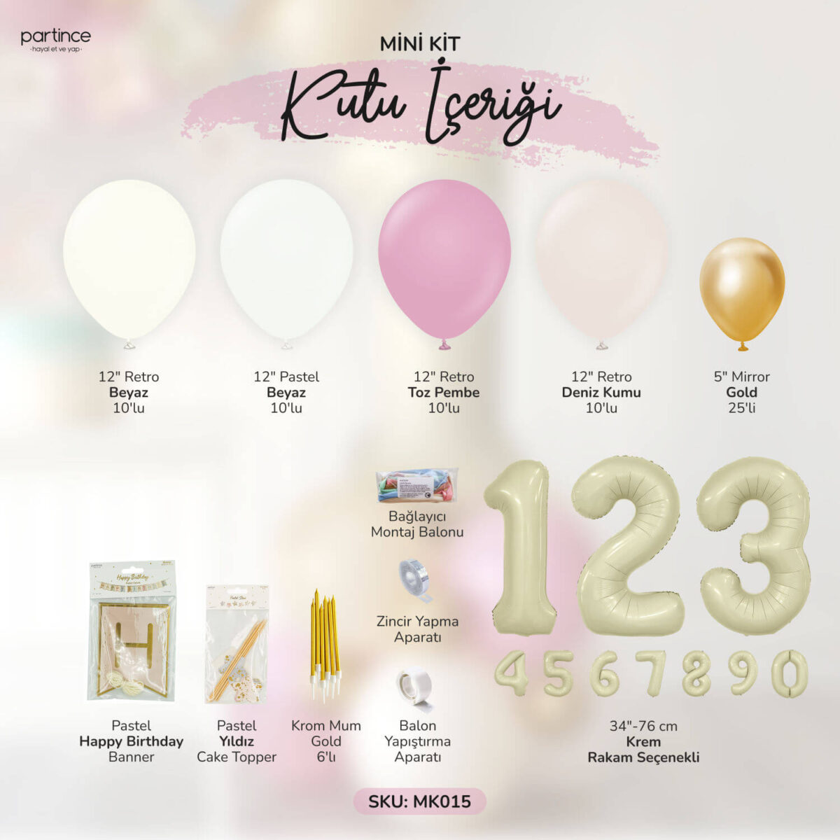 Krem Toz Pembe Doğum Günü Balon Parti Seti (Rakam Seçenekli) - Görsel 2