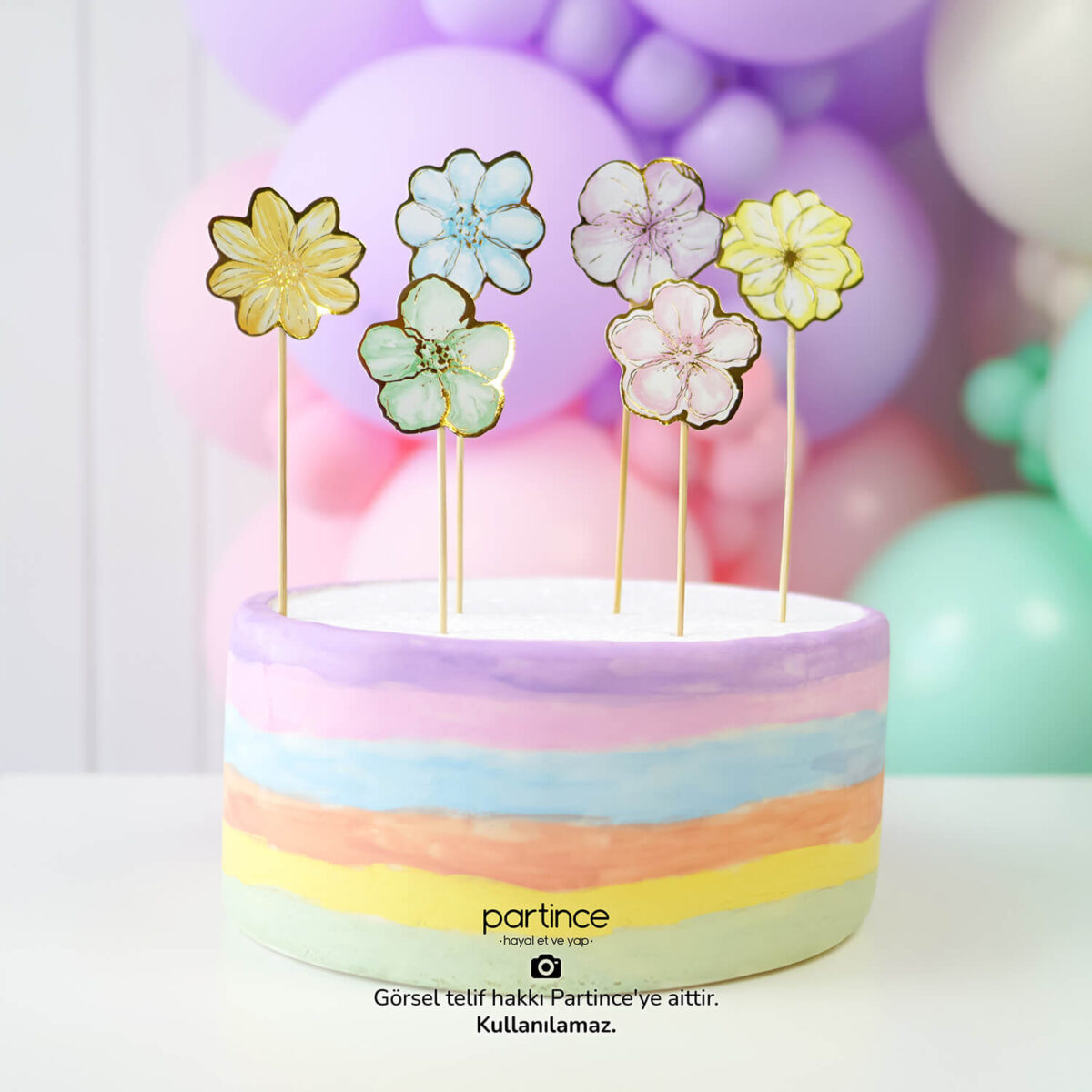 Pale Makaron Çiçek Pasta Süsü 6 Parça Cake Topper Doğum Günü Süsü - Görsel 2